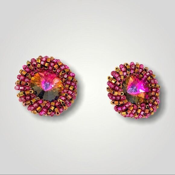 Swarovski watermelon rivoli artisan hand beaded hot pink gold pierced earrings - Picture 2 of 7